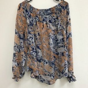 Orange and Navy Paisley Long Sleeve Blouse